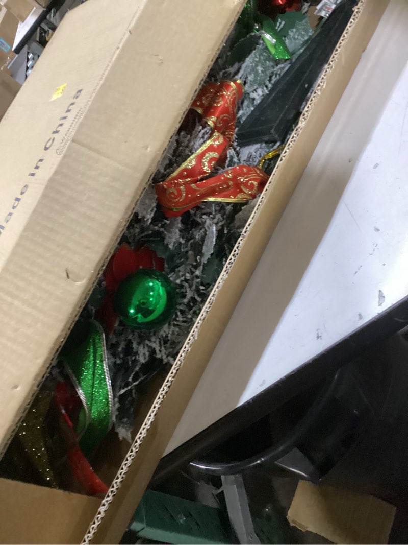 Condition photo showing As Is for [ 8 Modes & Timer ] 6Ft Prelit Full Pop Up Flocked Pencil Christmas Tree with 200 Warm White LED Lights, Balls, Red & Green Ribbon, Bows, Plug in Collapsible Xmas Tree Outdoor Indoor Christmas Decor