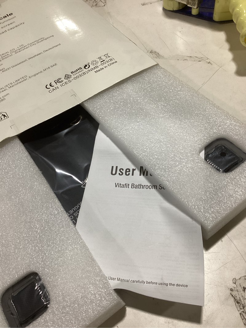 Condition photo showing As Is for vitafit scale for body weight, high accuracy 0.1lb by our professional factory since 2001, digital weight scale led and step on, 3*aaa batteries included, 400lb/182kg, spray silver black