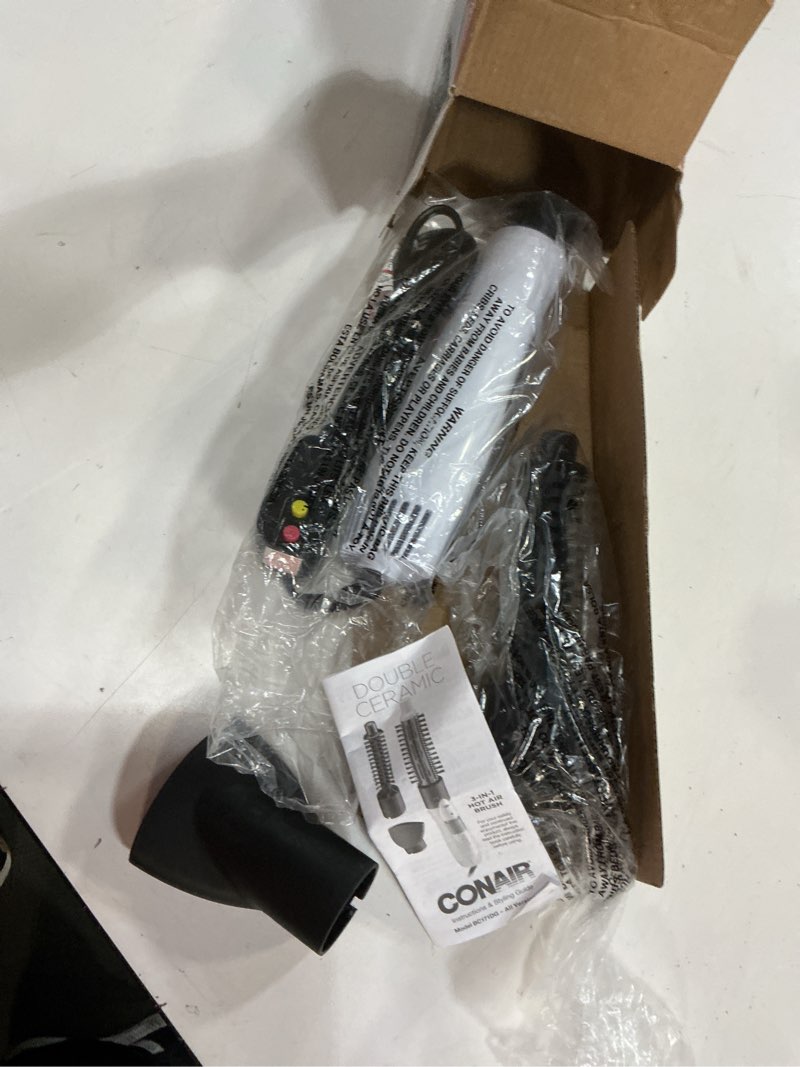 Condition photo showing As Is for conair double ceramic 3-in-1 hot air brush, interchangeable attachments: 1¼-inch thermal brush, ¾-inch boar and nylon bristle brush, and concentrator, voluminous curls & straight styles, white hot air brush 1 count (pack of 1)