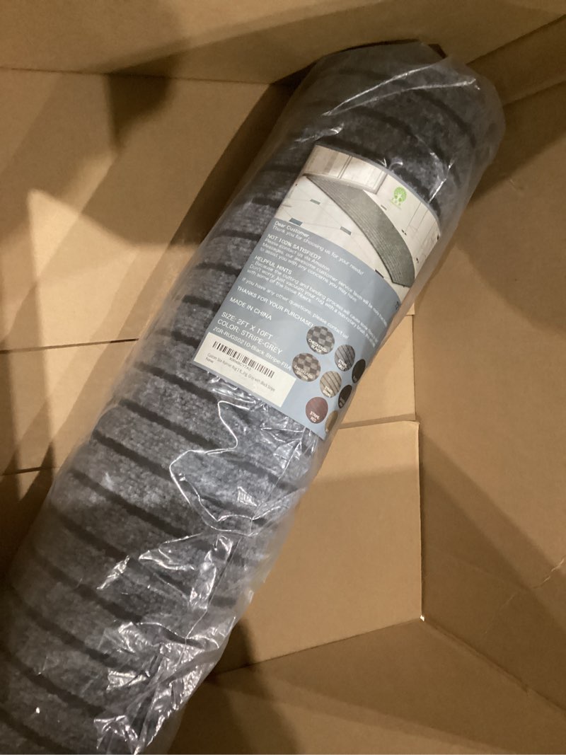 Condition photo showing As Is for custom size runner rug 2 ft x 10 ft, 2-82ft carpet runners hallway entryway kitchen garage laundry room area rugs with non-slip rubber backing, gray with black stripe