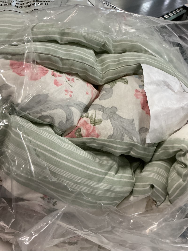 Condition photo showing As Is for laura ashley - queen comforter set, soft cotton bedding with slight texture feel, medium weight for year round comfort, 4 piece bed set with matching pillowcases & bonus bed skirt (harper sage)