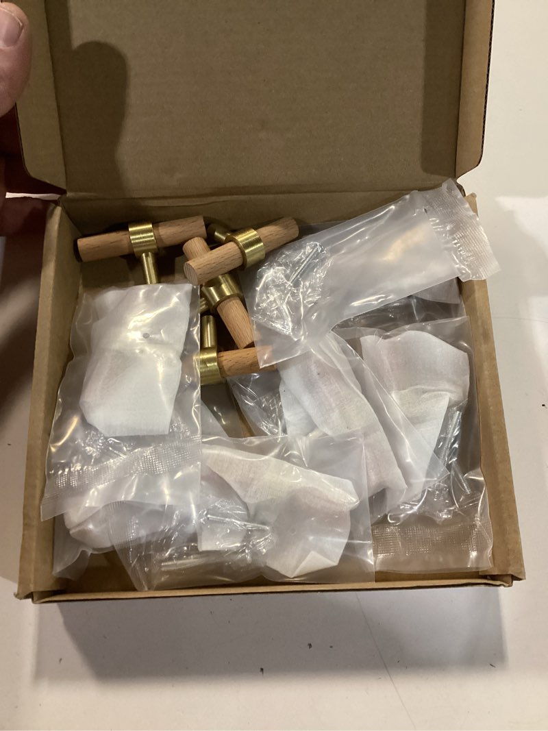 Condition photo showing As Is for wooden drawer pulls,10-pack beech wood drawer handles knobs,suitable for kitchen, living room, bedroom, bathroom and other scenes,gold knobs beech