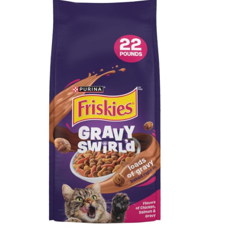purina friskies dry cat food gravy swirl'd with flavors of chicken, salmon and gravy - 22 lb. bag