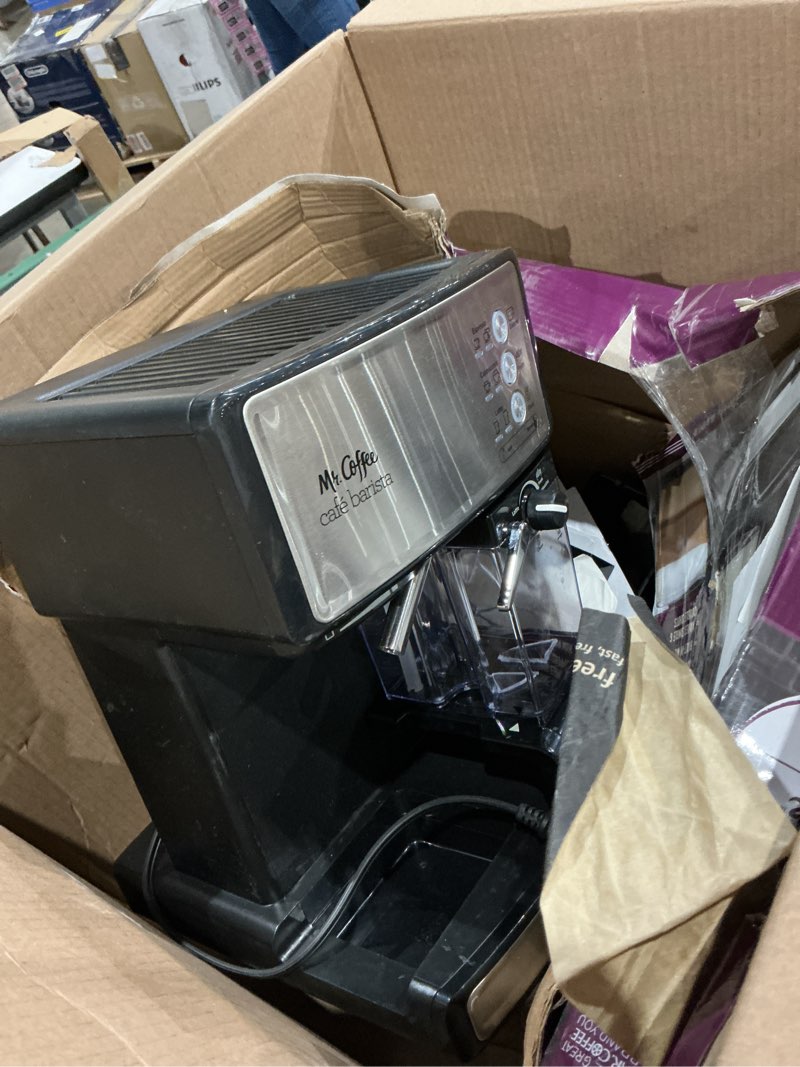 Condition photo showing As Is for incomplete mr. coffee espresso and cappuccino machine stainless steel programmable coffee maker with automatic milk frother 15-bar pump ideal for home baristas