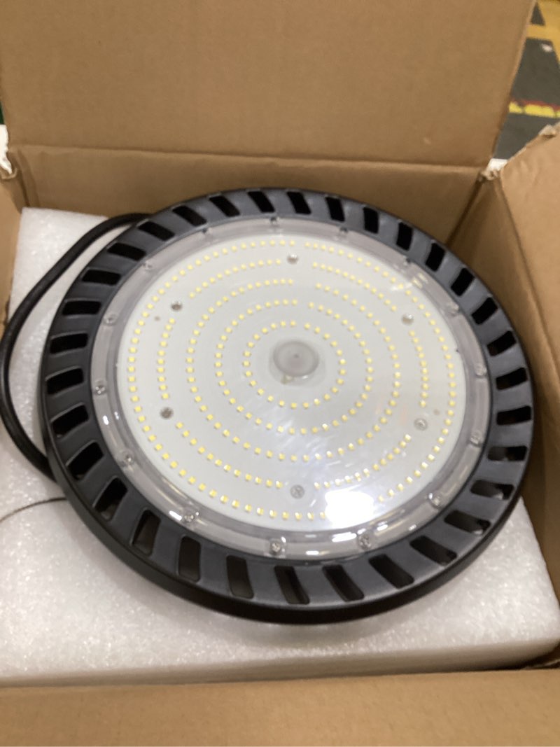 Condition photo showing item condition for hykolity 2 Pack LED High Bay Light 200W, 5000K UFO LED High Bay Light Fixture with US Plug [600W MH/HPS Equiv.] 120-277V, 26,000lm, IP65 Commercial Warehouse Area Light for Wet Location 200W-2Pack