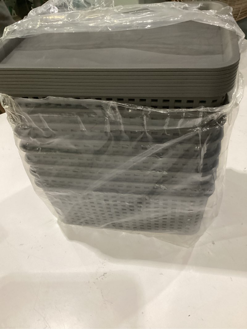 Condition photo showing New/Like New for plastic storage baskets with lid-plastic storage containers stackable storage bins: storage baskets for organizing shelves drawers desktop closet playroom classroom office,8 pack-gray10.2x7.2x4.1inch