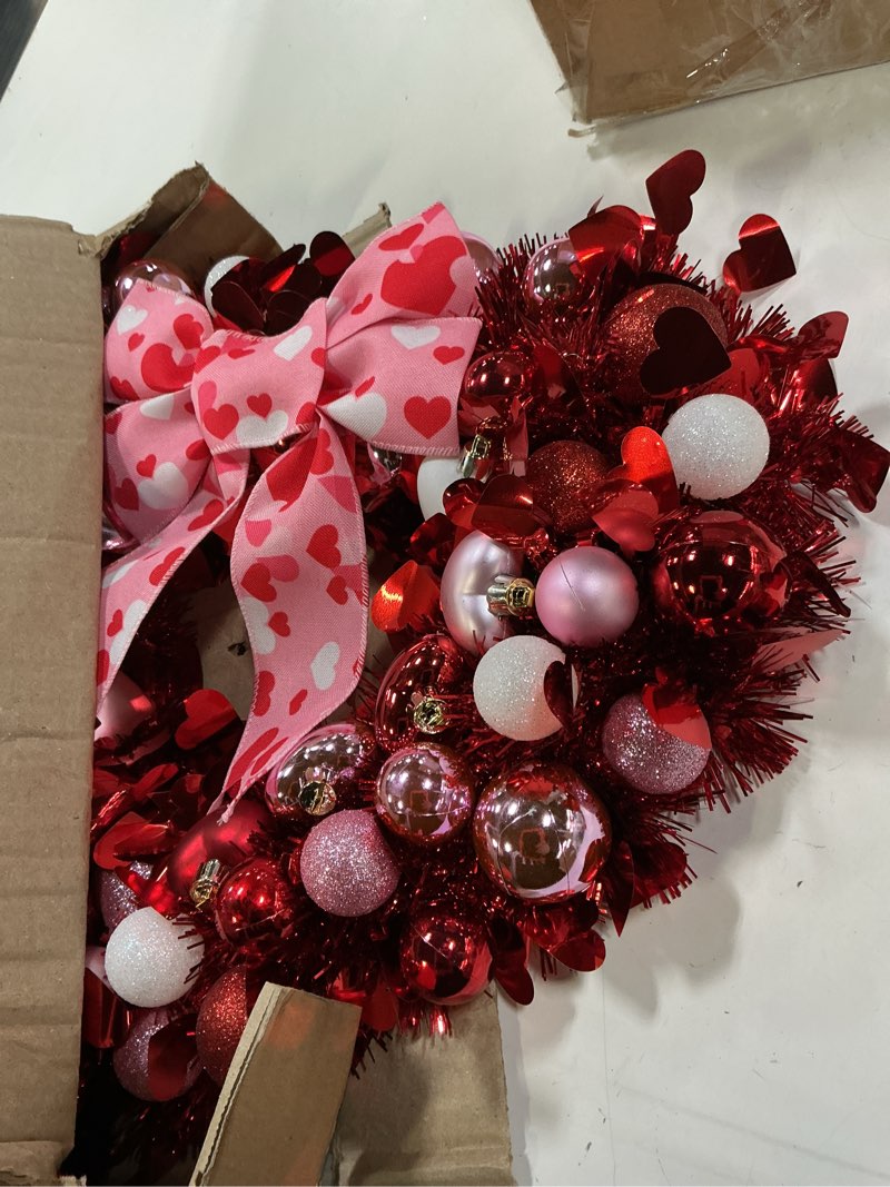 Condition photo showing Good Condition for Waipfaru 2 Pcs 14.2'' Valentines Day Wreath, Heart Wreaths for Front Door, Red Pink White Valentine Wreath Decorations with Bowknot Lights for Valentine's Home Wedding Party Wall Window Gifts Decor Red & Pink & White 2pcs