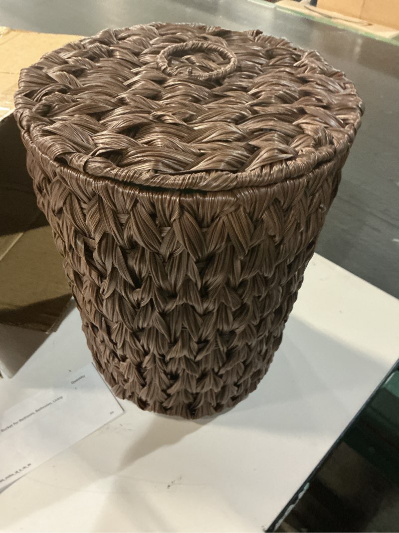 Condition photo showing Good Condition for Plastic Wicker Trash Can with Lid - 2 Gallon Small Garbage Can with Removable Liner Bucket for Bedroom, Bathroom, Living Room - Boho Hand Woven Waste Basket for Home, Office, Brown
