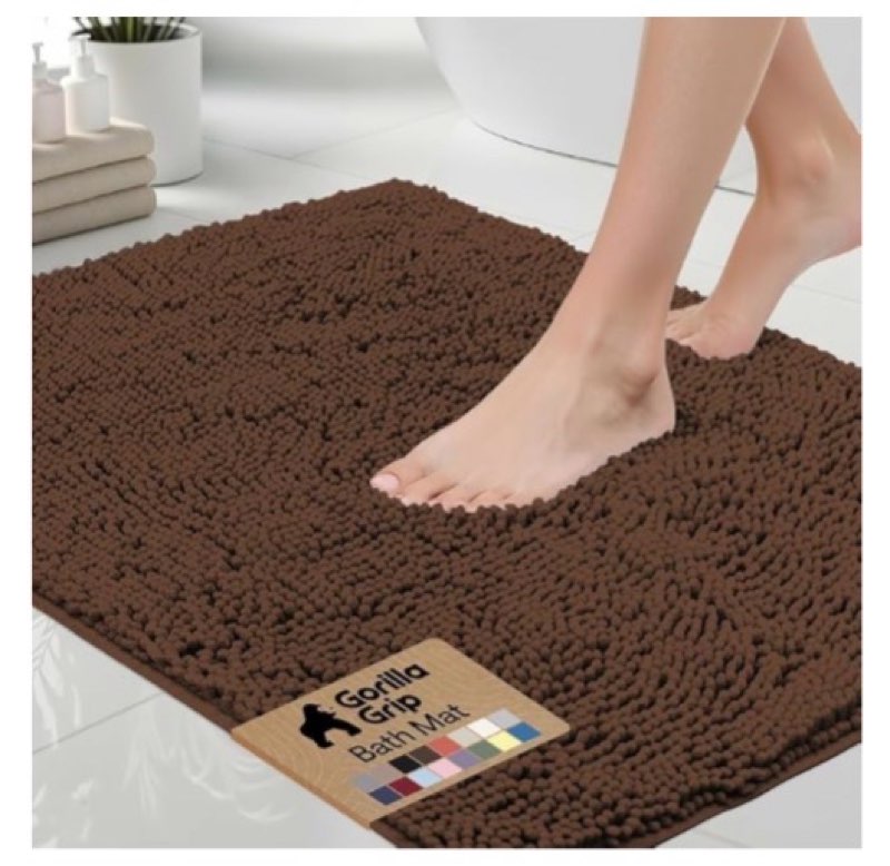 gorilla grip bath rug mat16”x24”, thick soft absorbent chenille, quick dry microfiber mats, rubber backing washable shower floor rugs, bathmat runner, us designed bathroom home decor accessories brown