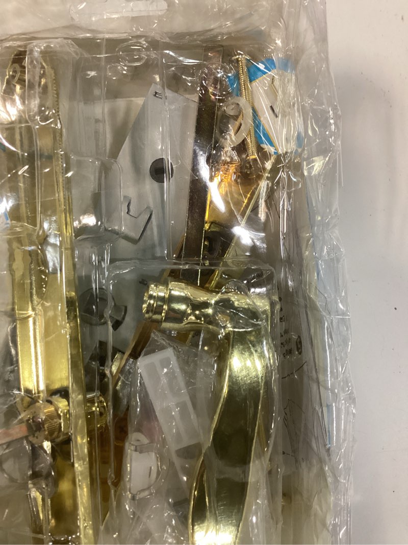Condition photo showing As Is for flat slot storm door handle complete set, mortise keyed lever mount latch with deadbolt for screen and storm doors (bright gold) bright gold handle set