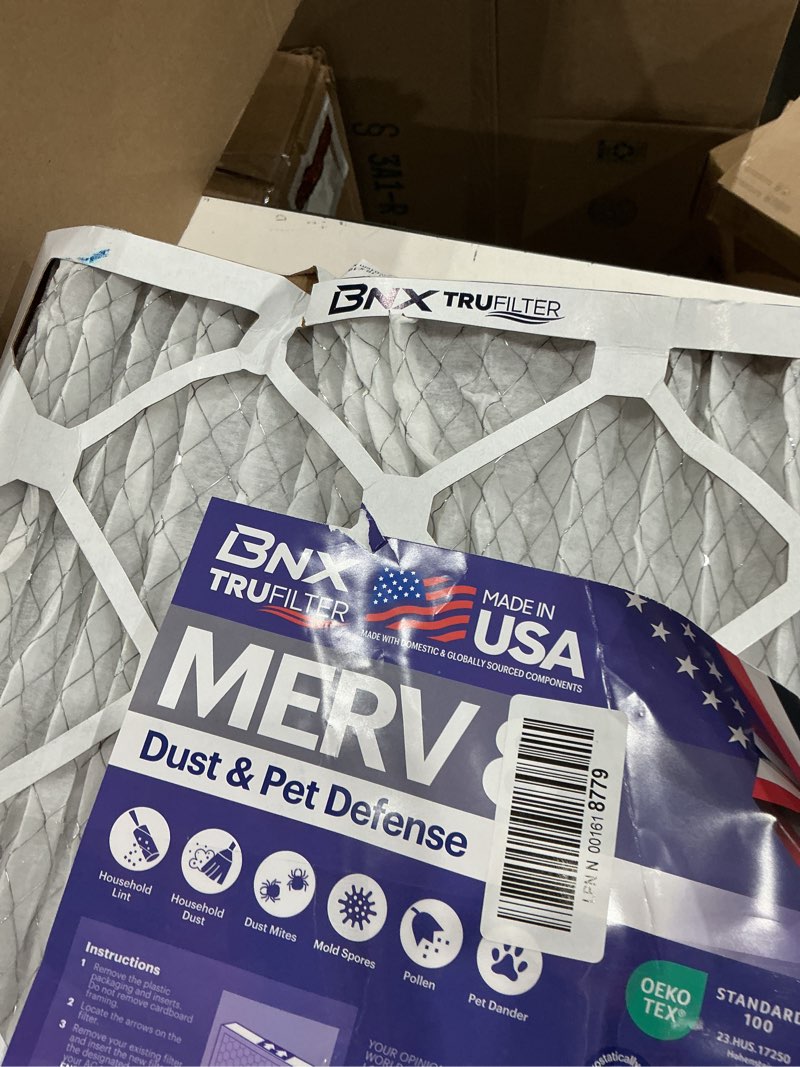 Condition photo showing As Is for bnx trufilter 16x20x1 air filter merv 8 (6-pack) - made in usa – dust & pet defense electrostatic pleated air conditioner hvac ac furnace filters for dust, pet, mold, pollen mpr 600 – 700 & fpr 5 16x20x1 6-pack