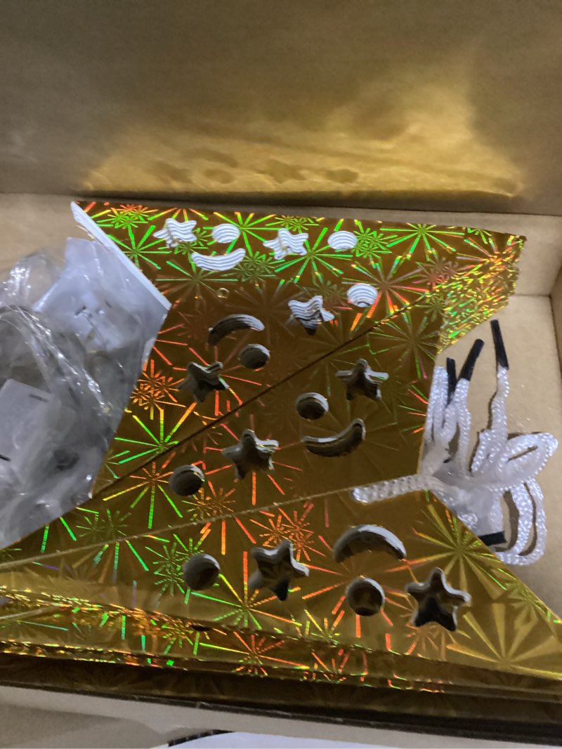 Condition photo showing New/Like New for Zhanmai 10 Pcs Large 3D Gold Paper Star Lantern with 10 LED Lights 11.8 Inch 5 Point Hollow Hanging Paper Star Lampshade Decoration Light Lanterns for Wedding Birthday New Year Party Home Decor