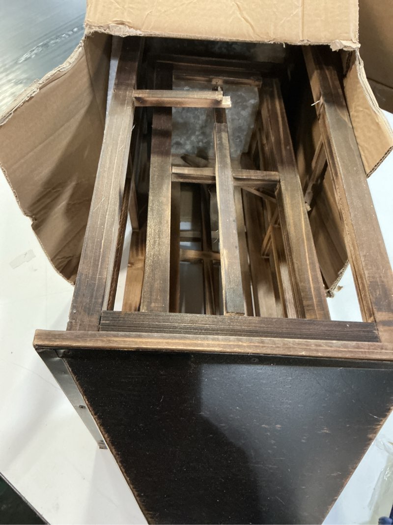 Condition photo showing As Is for large farmhouse wooden decorative lantern set of 2, rustic distressed brown burnt wood floor candle lanterns, indoor/outdoor hanging lanterns for home decor (no glass) burnt brown