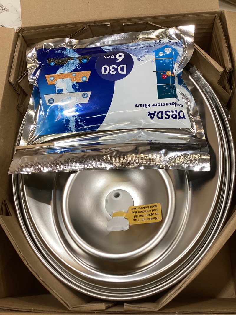 Condition photo showing New/Like New for orsda cat water fountain stainless steel, 2l pet fountain for cats inside, dog water dispenser, automatic cat drinking fountains with 6 replacement filters for cats, small dogs 2l fountain+6x filters+3x brush