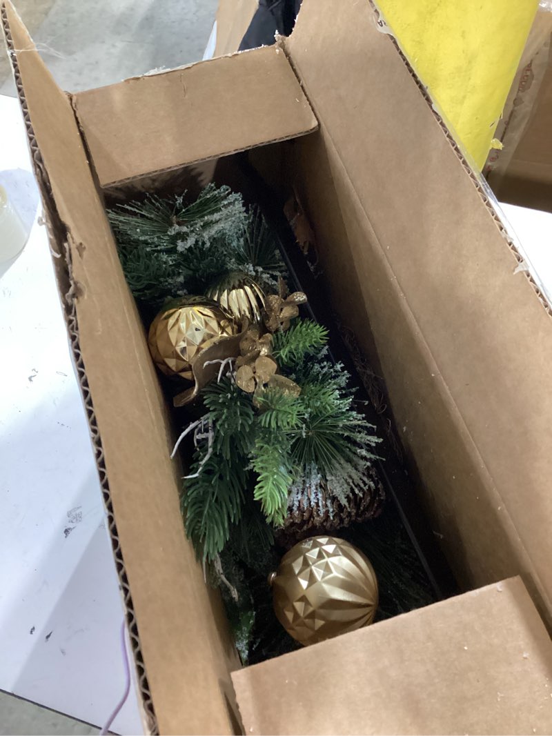 YUGALI 24” Christmas Wreath for Front Door with Lights Hanger Golden Ball Artificial Frosted Evergre