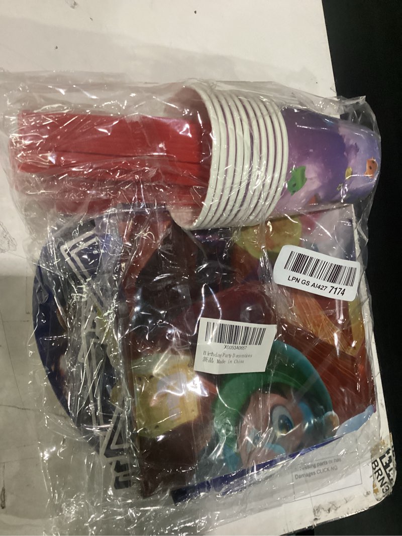 Condition photo showing Good Condition for 2026 new super mario birthday decorations set, 42"×70" tablecloth, 15 banners, 6 hanging swirls, 92-piece party supplies including 9"and 7" plates, napkins, cups, cutlery for super mario themed party