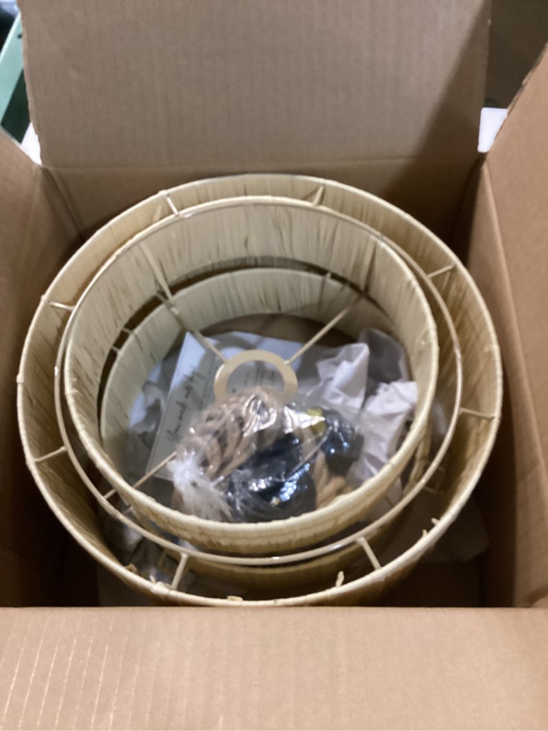 Condition photo showing Good Condition for 12” Raffia Hanging Lamp Wicker Plug In Pendant Light, Boho Woven Lamp Shade Lighting for Living Room Bedroom Kitchen Island, Hanging Light Modern Farmhouse Decor 3-tier (No BULB Included)