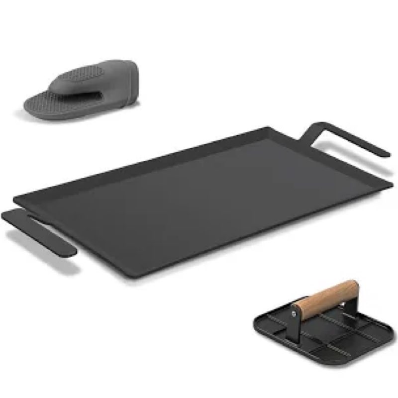 Carbon Steel Griddle Comes with Grill Press, Double Burner Griddle for Gas Stove, Electric Range, Ou
