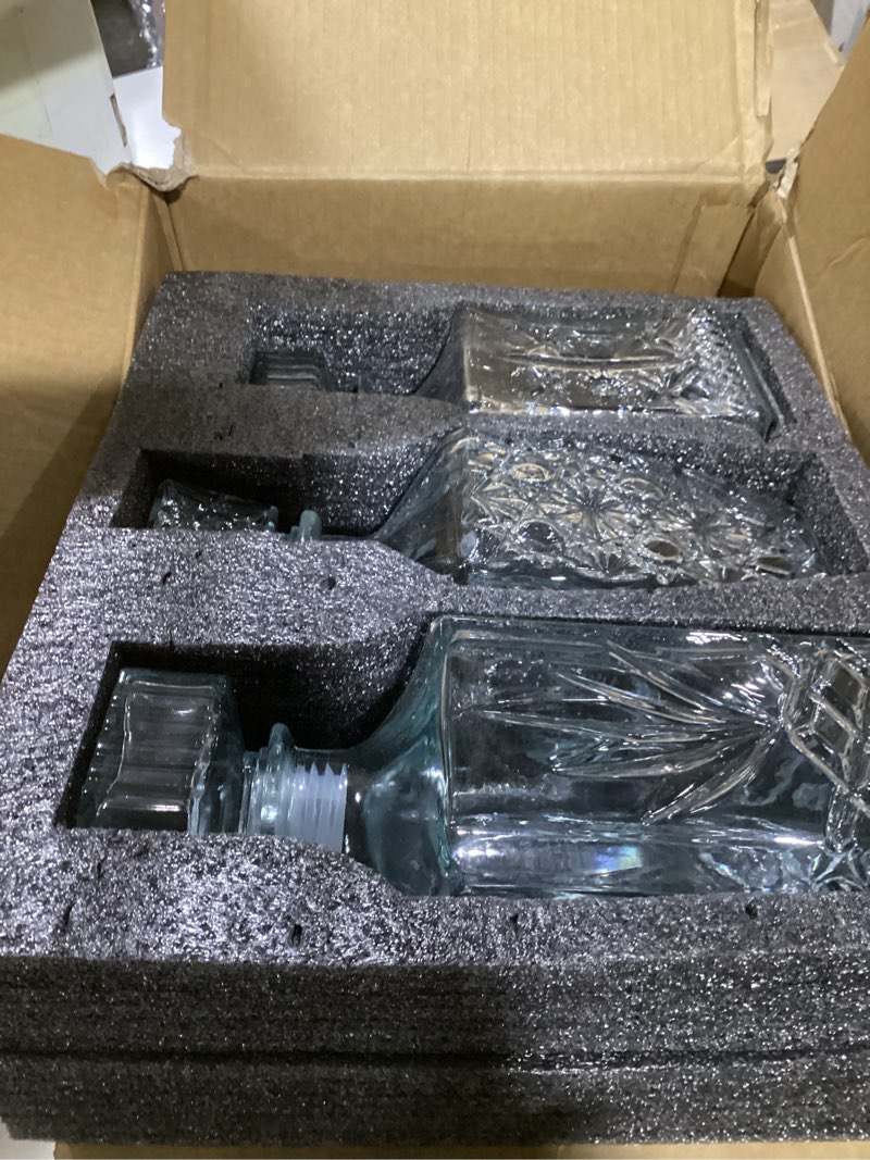 Condition photo showing Good Condition for whiskey decanter, liquor decanters set of 3, glass alcohol bottle for vodka, tequila and bourbon unique whiskey bar and party decorations (28oz*2, 31oz*1) hyaline