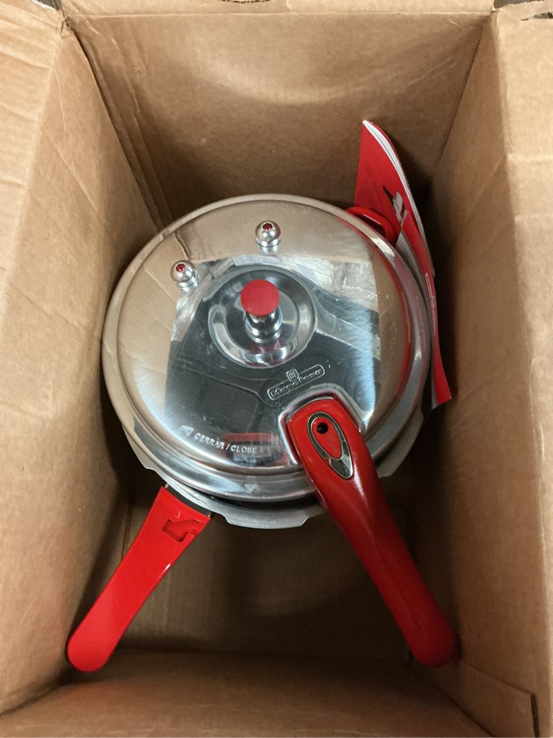 Condition photo showing As Is for magefesa avant 6.2-quart aluminum pressure cooker, compatible with gas, electric & ceramic stoves, stovetop pressure canner with trivet, red handle