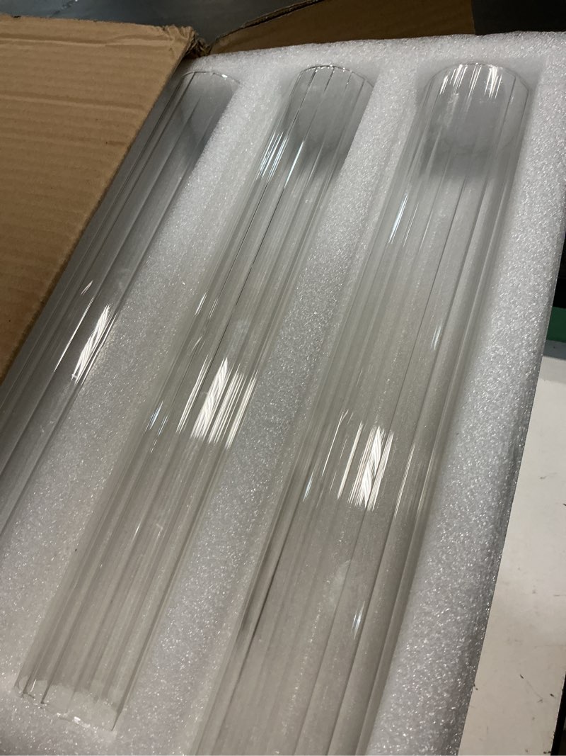 Condition photo showing New/Like New for 12 Pcs Hurricane Glass Candle Holders 2.5 x 14 Open Ended Tube Ribbed Shade Bottomless Chimney Cylinder Taper Candle Cover for Christmas Wedding Anniversary Table Centerpiece