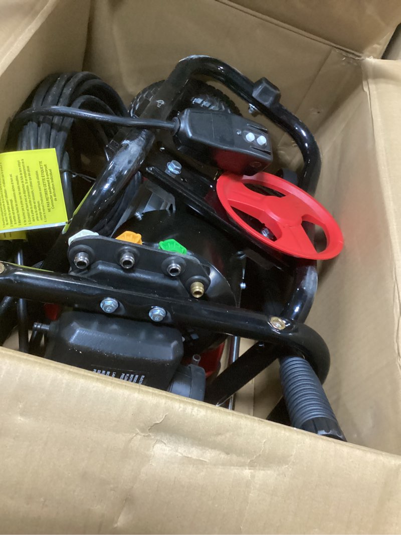 Condition photo showing As Is for powersmart 3000 max psi electric pressure washer with induction brushless motor, 1.2 gpm high pressure cleaner, 5 nozzles, 8” wheels, detergent tank, for car, patio, fence, driveway cleaning 2600 pound per square inch