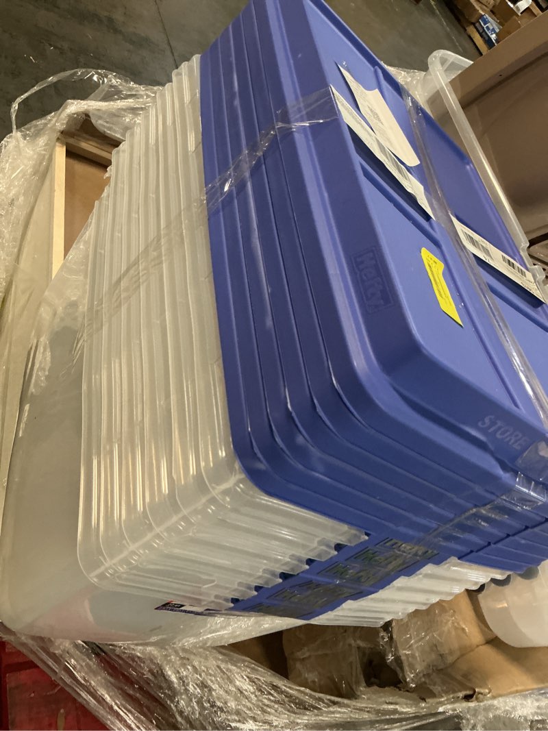 Condition photo showing As Is for hefty hi-rise 72 quart large latching storage bin, clear plastic storage container with hi-rise latch lid, blue (pack of 6)