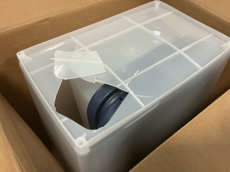 Condition photo showing As Is for IRIS USA 2-Piece 41 Lbs / 45 Qt WeatherPro Airtight Pet Food Storage Container Combo and Treat Box for Dog Cat and Bird Food, Stackable, Keep Fresh, Translucent Body, Easy Mobility, Navy 2-Piece Set - 41 lbs Navy