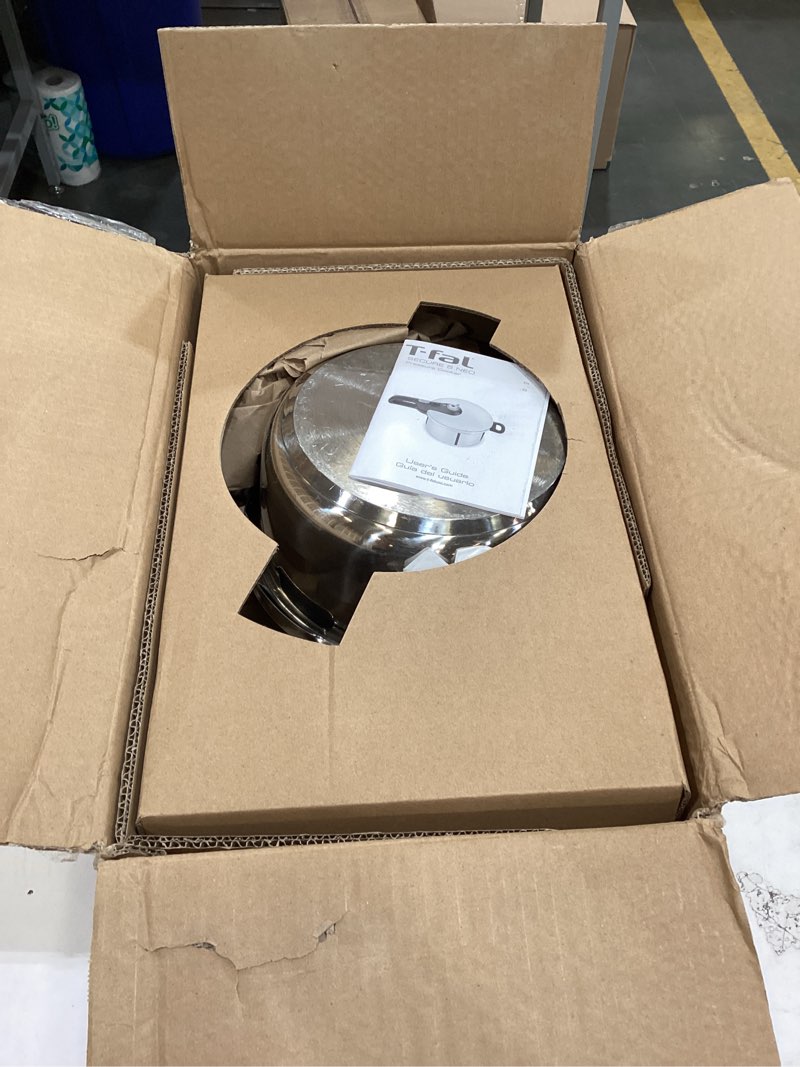 Condition photo showing Good Condition for t-fal secure stainless steel pressure cooker, 6.3 quart, steam basket, induction, secure locking system, easy and safe opening, compatible with all cooktops, dishwasher safe, silver pressure cooker 6.3 quarts