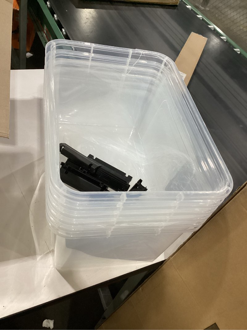 Condition photo showing As Is for 19 quart plastic storage bins with lids, 6-pack stackable clear storage organizing box with handle 19 qt clear