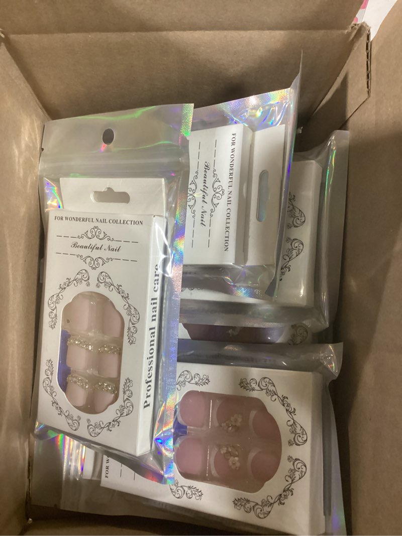 Condition photo showing Good Condition for (5 assorted packs)Flower Press on Toenails - 3D Stereoscopic Embossed with Rhinestone Flowers Design, Toe Fake Nails Kit with 24 Nails,24pcs jelly glue stickers,1pcs mini nail file,1pcs wooden stick Nails for Women