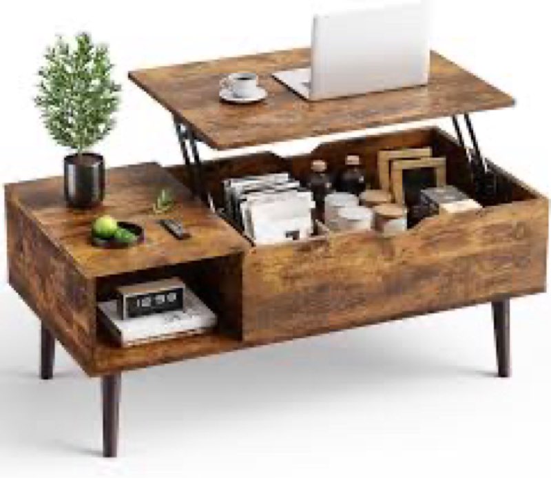 OLIXIS Wood Lift Top Coffee Table with Hidden Compartment and Large Storage Shelf, Lift Tabletop Din