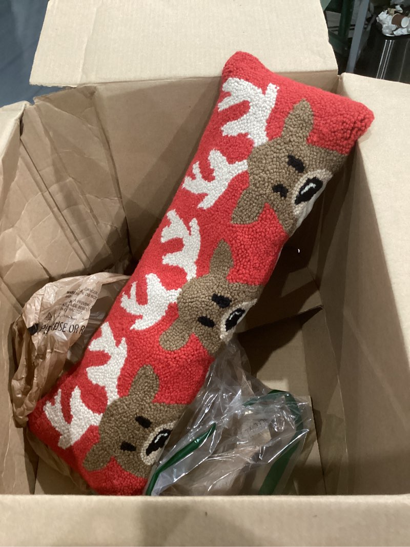 peking handicraft santa trio hook in reindeer wool lumbar pillow, multicolored