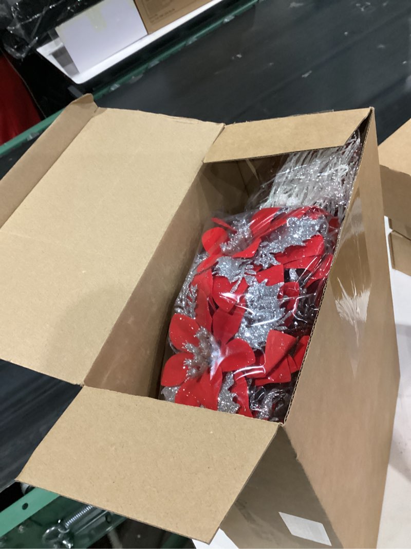 Condition photo showing Good Condition for 80 Pack Christmas Tree Decorations Set Red White Ornaments Bulk Include 12 Poinsettia, 30 Branches, 2 Woven Ribbon, 12 Icicle Hangings, and 24 Christmas Glitter Ball for Xmas Tree Decor Gift Classic