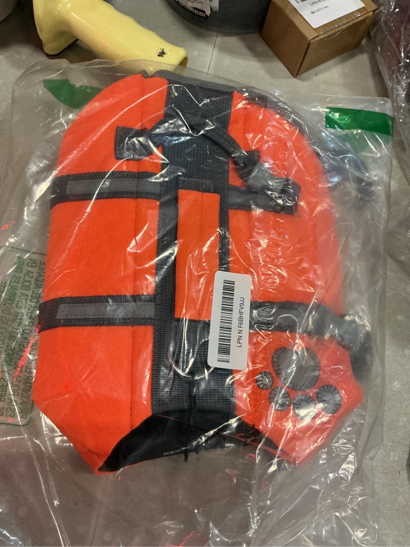 Condition photo showing Good Condition for queenmore small dog life jacket, doggie life vest, small shark dog life jacket for swimming, floating pet swim vest with handle, puppy swim vest for boating with hook pet preserver for swim water pool small orange