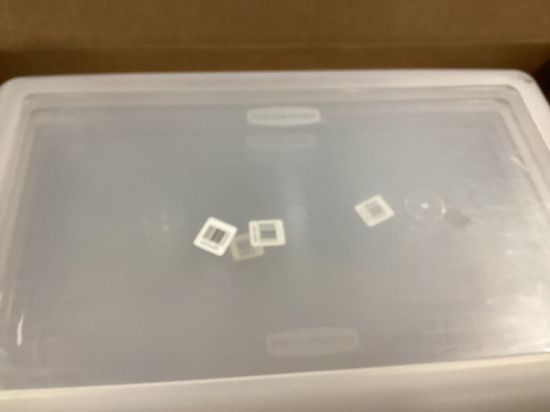 Condition photo showing Good Condition for rubbermaid cleverstore 41 quart plastic tote container bin with latching lid and handles for reusable, stackable home office storage, clear (4 pack)