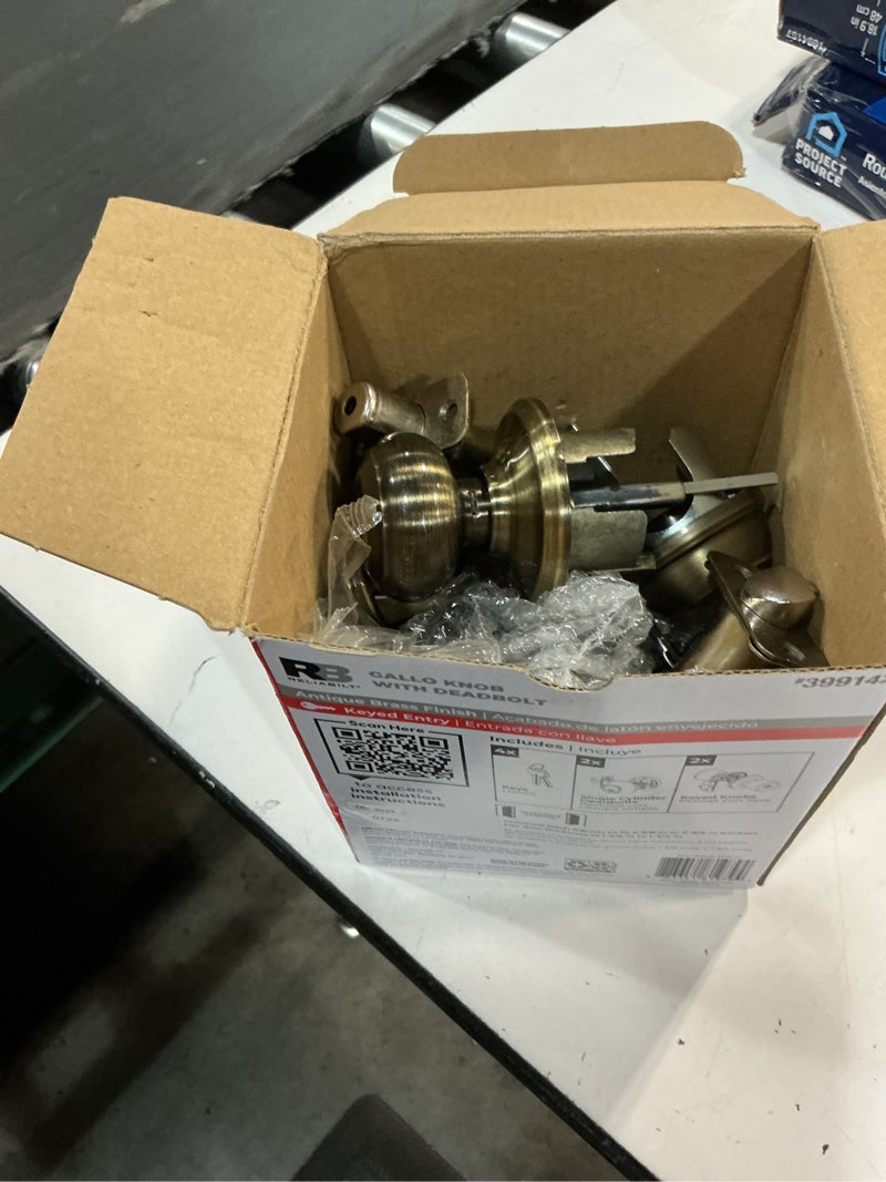 Condition photo showing As Is for reliabilt gallo antique brass traditional exterior single-cylinder deadbolt keyed entry door knob project pack 2 -pack