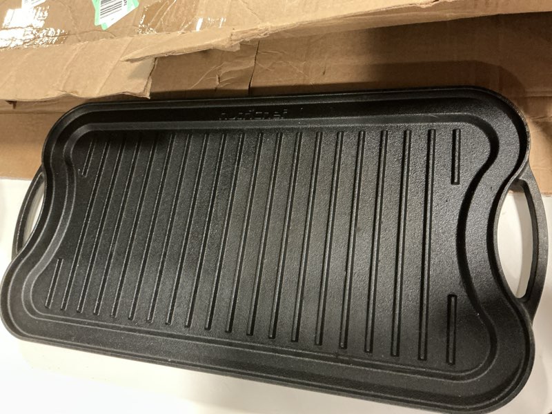 Condition photo showing As Is for Amazon Basics Pre-Seasoned Cast Iron Reversible Rectangular Grill/Griddle, Black, 20 x 10.63 x 0.98 inch
