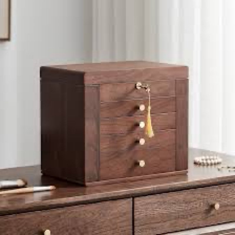 Homruilink Black Walnut Wooden Jewelry Box, Wood Jewelry Organizer with 2 Side Doors Mirror Lockable