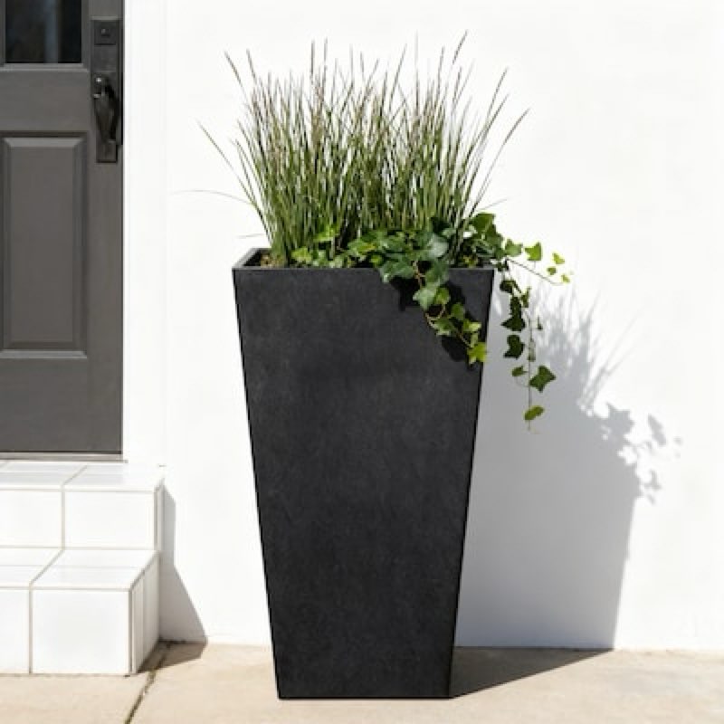 allen + roth square 11.3-in w x 11.3-in l x 20.87-in h black recycled plastic indoor/outdoor planter