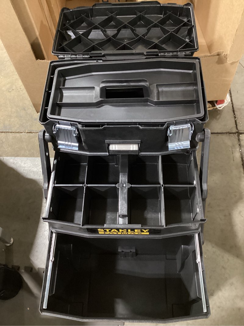 Condition photo showing Good Condition for stanley 1-94-210 fatmax range cantilever workshop trolley - removable divider organiser - v-slot for extra cutting - telescopic handle - locking latch - large diameter wheels handmaid cantilever fatmax