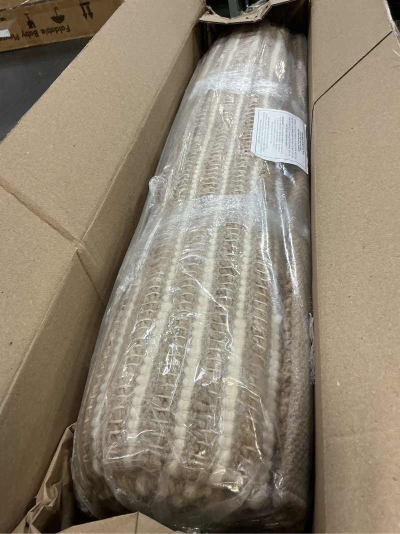 Condition photo showing Good Condition for frelish decor wool and jute premium handwoven chunky stripes rug - contemporary throw rug for bedroom entryway kitchen (3' x 5' - natural ivory) 3' x 5' (rectangular) natural jute wool
