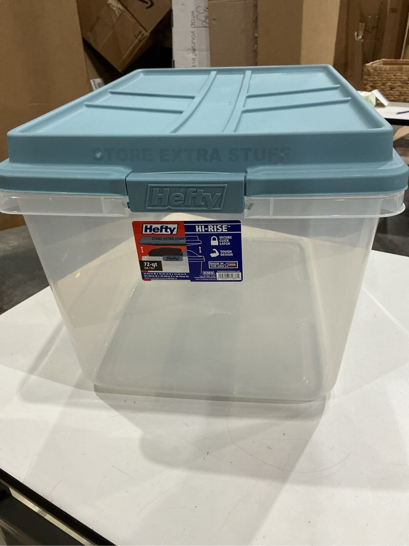 Condition photo showing Good Condition for hefty hi-rise storage bin with lid, 72 quart, smoke blue, 6 pack | stackable plastic container tote for home, office, and classroom organization