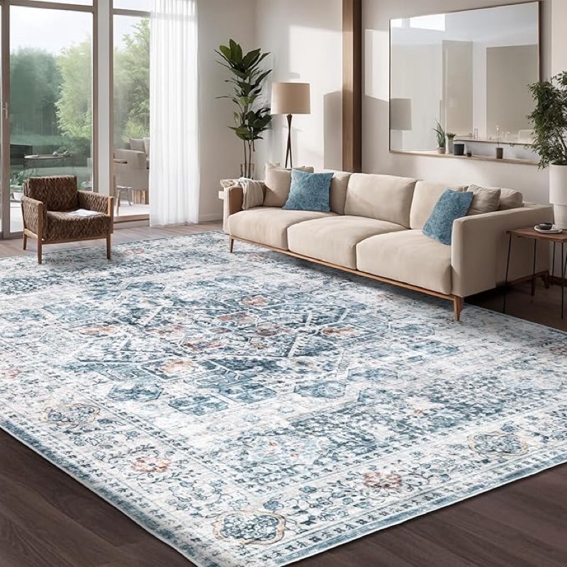 (similar)area rugs 9×12 washable rug for bedroom, vintage floral rug soft non slip stain resistant carpet for living room dinning room kitchen home office white blue
