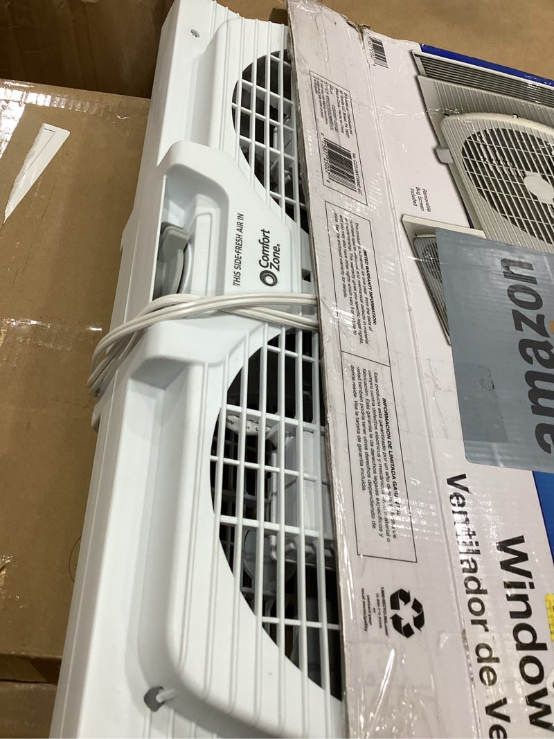 Condition photo showing Good Condition for comfort zone 9  twin window fan with quiet setting  reversible airflow control  3-speeds  expandable  exhaust  dual fan  airflow 9.84 ft/sec  ideal for home  kitchen  bedroom & office  cz319wt2
