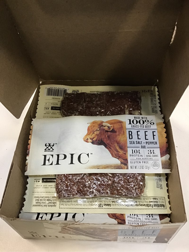Condition photo showing New/Like New for EPIC Protein Bars, Beef Sea Salt Pepper, Keto and Paleo Friendly, 1.3 oz, 12 ct Beef Sea Salt & Pepper 12 Count (Pack of 1)