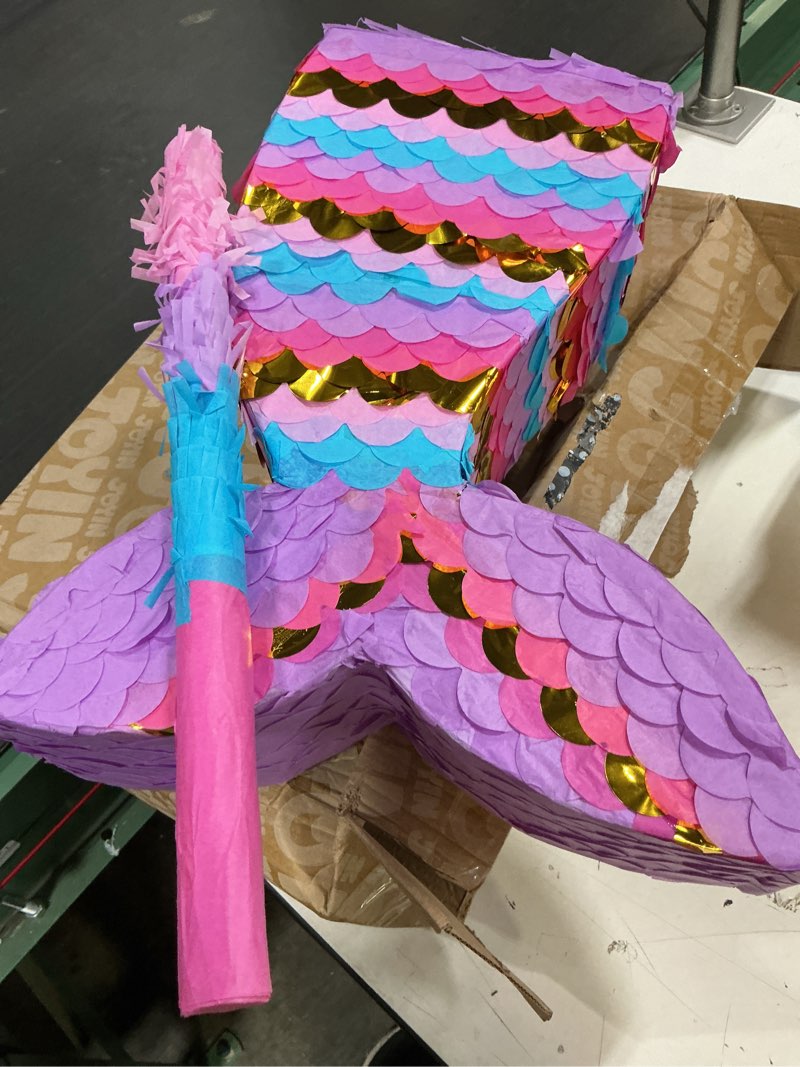 Condition photo showing Good Condition for mermaid tail pinata with plastic bat and paper blindfold for fun fiesta taco party supplies, photo props, mexican theme decoration, carnivals festivals, girl kids birthday parties 13w x 15.7h
