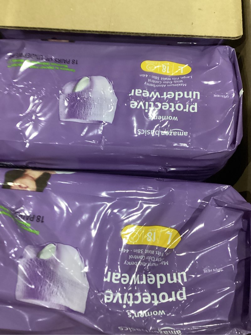 Condition photo showing Good Condition for amazon basics incontinence underwear for women, maximum absorbency, fresh protection, postpartum, disposable, odor protection, comfortable fit, large, lavender, 54 count (3 packs of 18) large 54.0