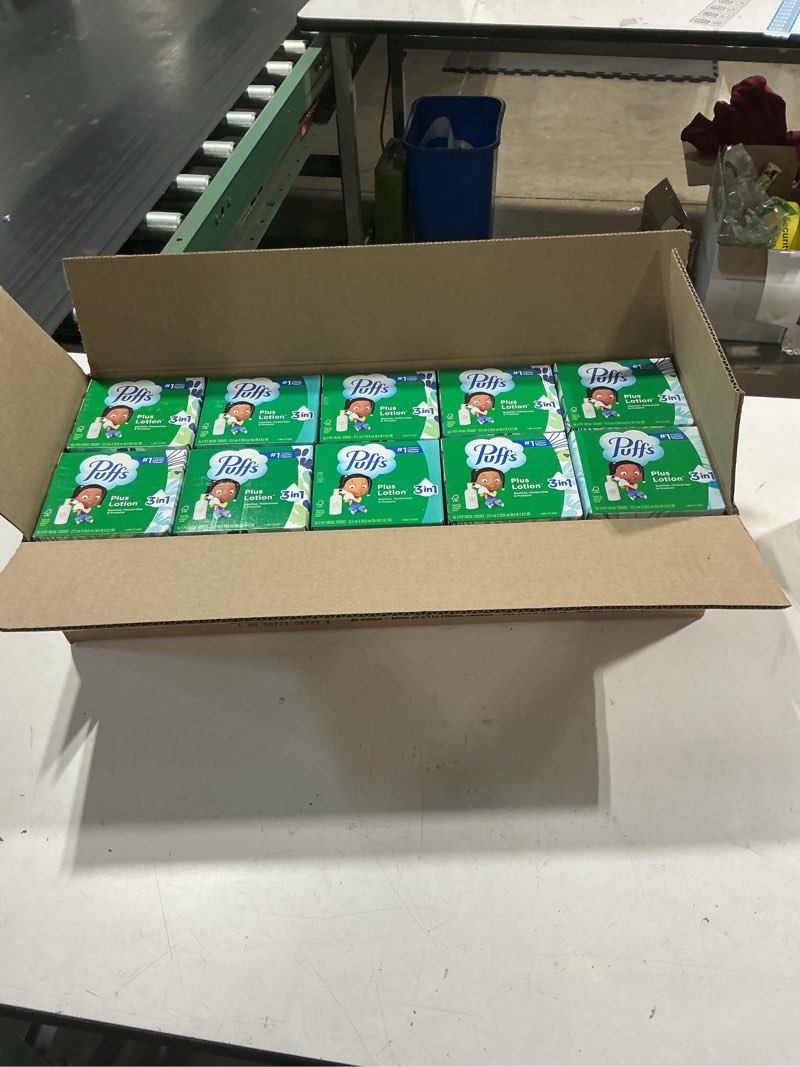 Condition photo showing Good Condition for puffs plus lotion facial tissues,  10 cube boxes (56 tissues per box) (old version)