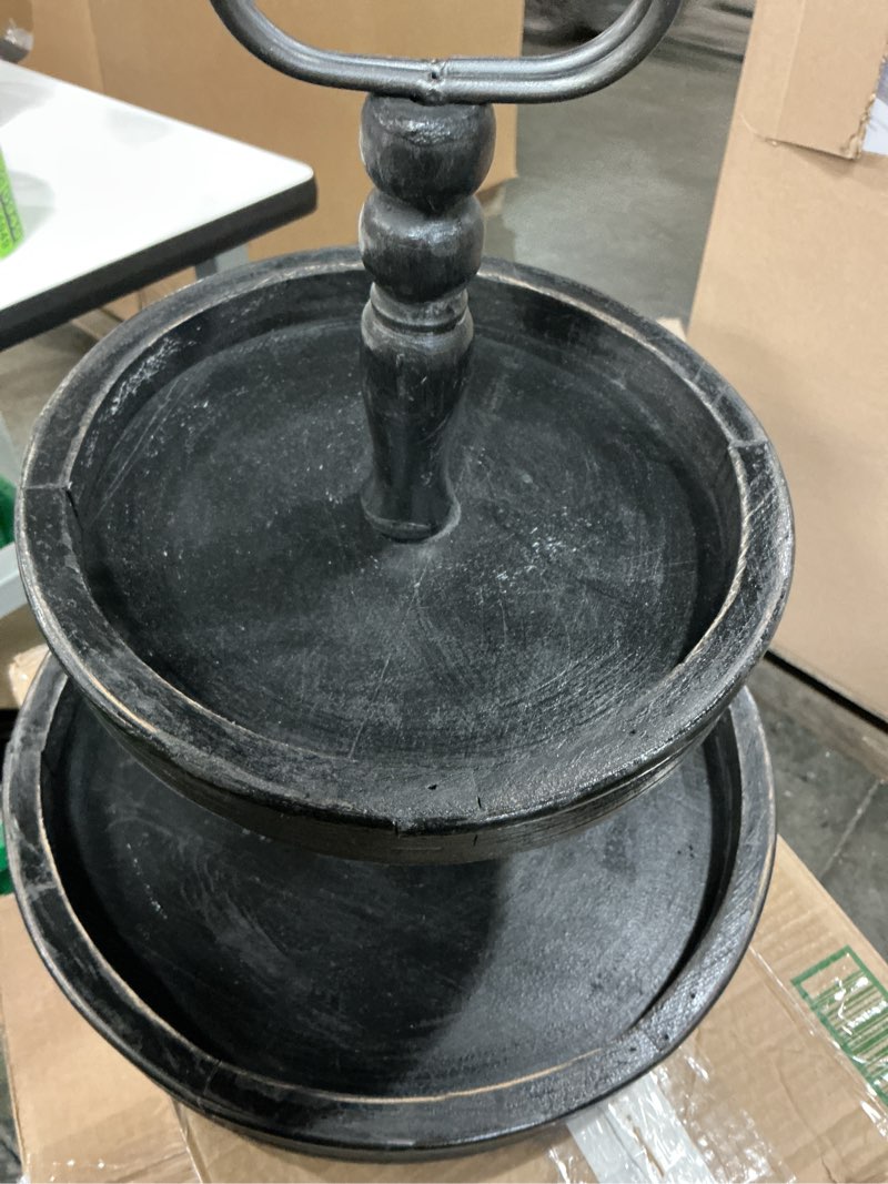 Condition photo showing As Is for Creative Co-op EC0112 Distressed Wood 2-Tier Tray with Metal Handle, Black